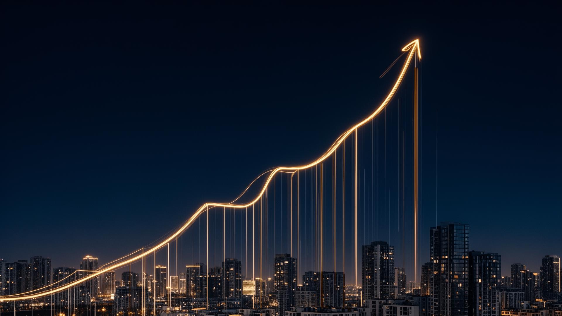 Glowing upward growth curve over a city skyline at night