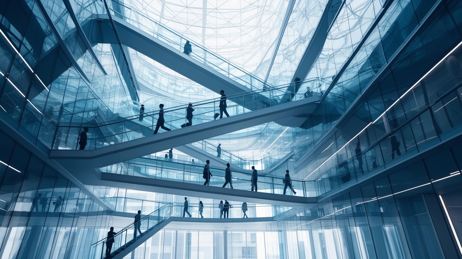 Architectural interior of a modern glass office atrium