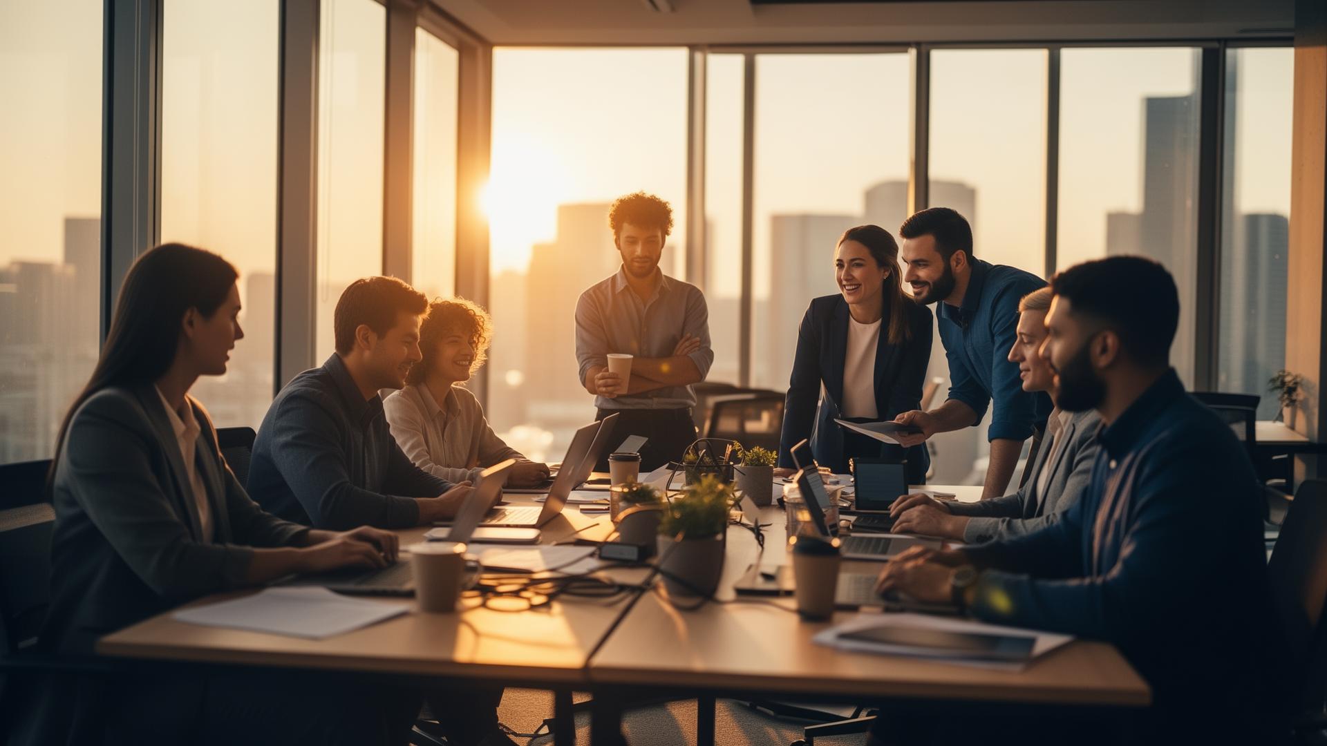 Diverse team collaborating at sunset around a conference table